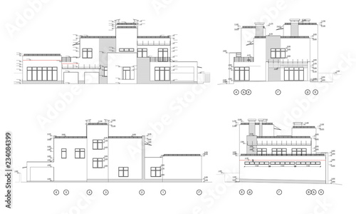 Set of private house facades, detailed architectural technical drawing, vector blueprint