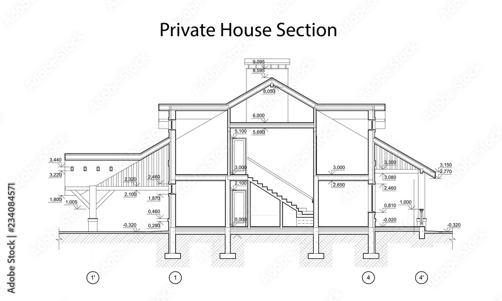 Private house section, detailed architectural technical drawing, vector blueprint Private house section, detailed architectural technical drawing, vector blueprint