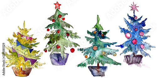 Isolated Chrismas tree in pot. Background illustration set. Watercolour drawing aquarelle isolated.