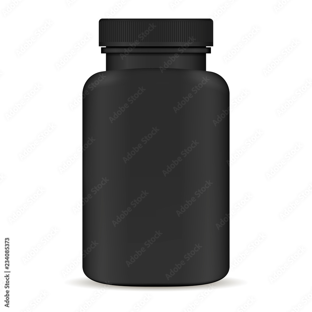 Plastic pill bottle. Black 3d Vector illustration. Mockup Template of medicine package for pills, capsule, drugs. Sports and health life supplements. Plastic pill bottle. Black 3d Vector illustration. Mockup Template of medicine package for pills, capsule, drugs. Sports and health life supplements.