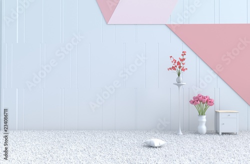 Pastel room of love decor with pastel wall, bedside table,carpet,Tulip and Orchid in glass vase. Valentine's day and new year. 3D render.