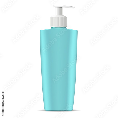 Cosmetic bottle with pump dispenser lid in marine blue green color. Cosmetic container for next products: cream, moisturizer, shampoo, mask, soap and other liquids. 3d vector illustration.