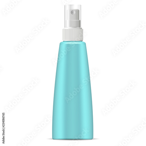 Dispenser spray cosmetic bottle mockup in marine blue green color. Unique shape container for different cosmetics. Plastic package 3d illustration, isolated on white.