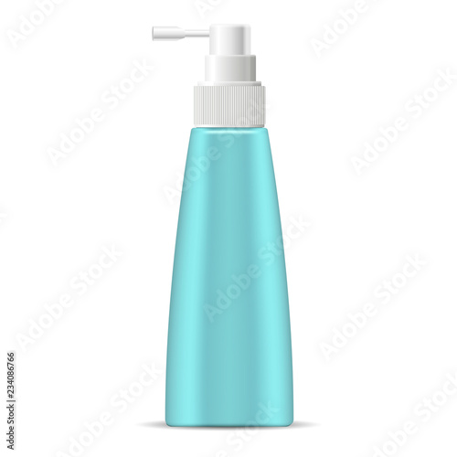 Moisturizer spray cosmetic bottle mockup in marine blue green color. Unique shape container for different cosmetics. Plastic package 3d illustration, isolated on white.