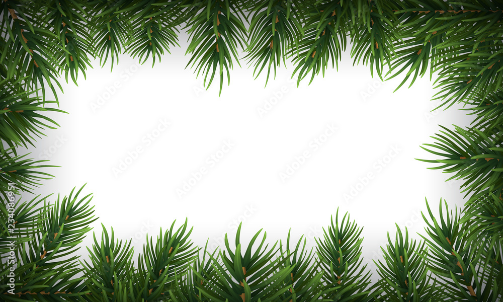 Winter holiday background with fir leaf border. Isolated Christmas Frame with tree branches. Vector Illustration.