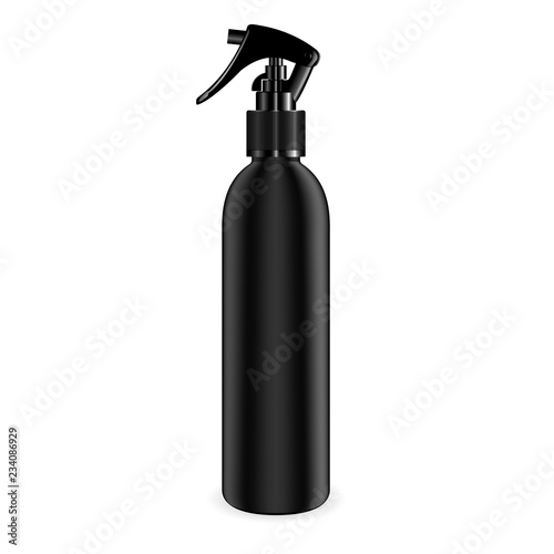 Spray bottle for cosmetic and other products. Isolated black blank container mockup with black dispenser head. Realistic vector template.