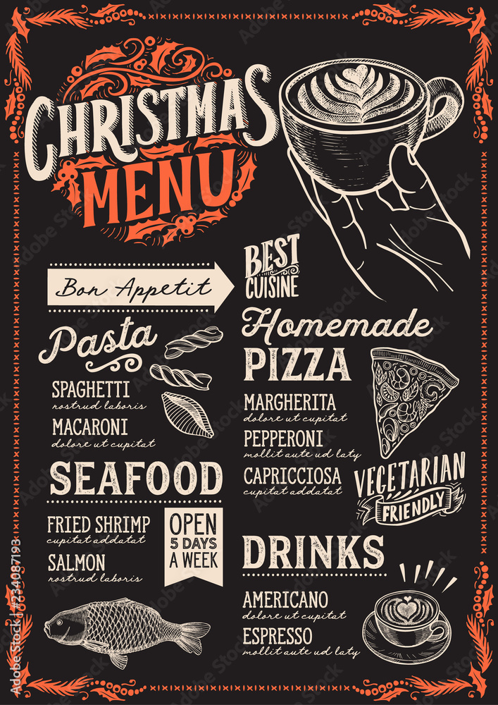 Fototapeta Christmas menu for restaurant and cafe on a blackboard.