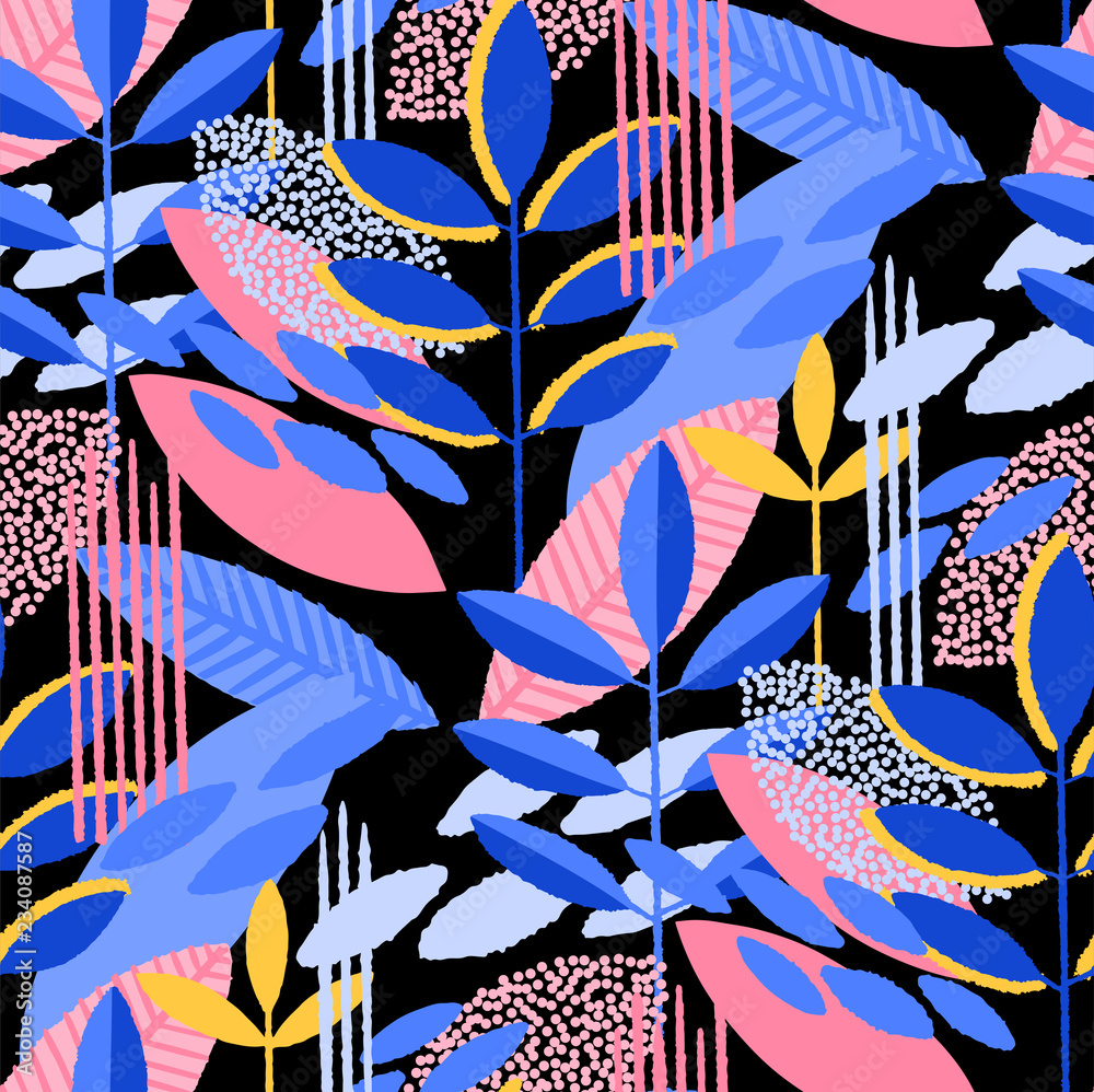 Naklejka premium Abstract seamless pattern of minimalistic leaves in vibrant colors