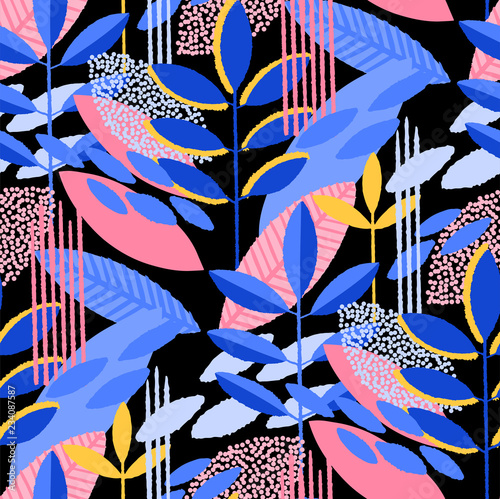 Abstract seamless pattern of minimalistic leaves in vibrant colors