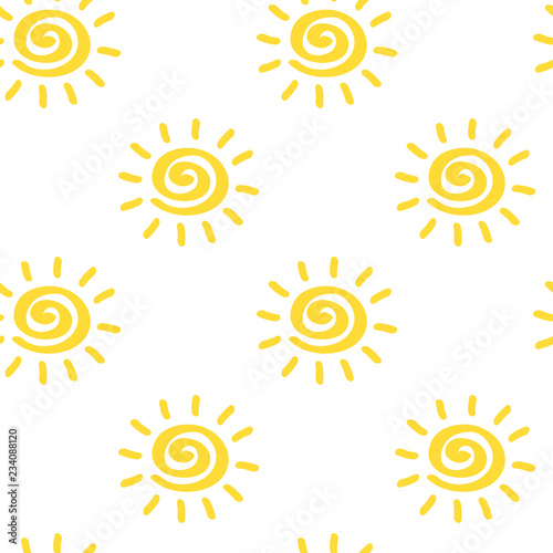 Vector seamless pattern with sun isolated on white backdrop. Sumer background. Creative colorful wallpaper for yoga club. For textile and fabric, cover, print on clothes. Ether sign.