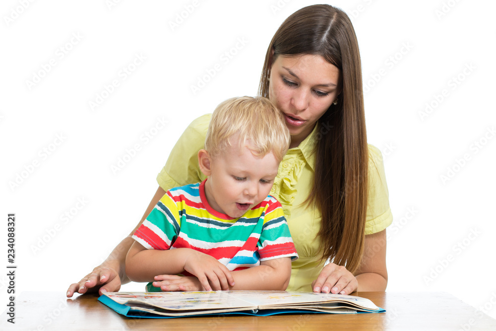 happy mother with kid 3 years reading book isolated on white happy mother with kid 3 years reading book isolated on white