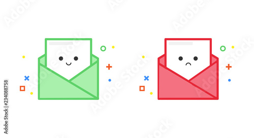 Happy and sad email vector illustration for success and failure flash message, banner, cover or landing page. Cute cartoon layout for your design with smile on the face.