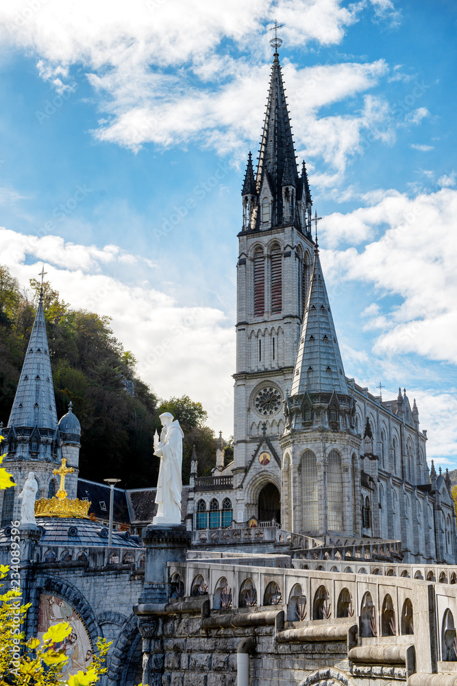 Fototapeta premium view of the basilica of Lourdes in autumn, France