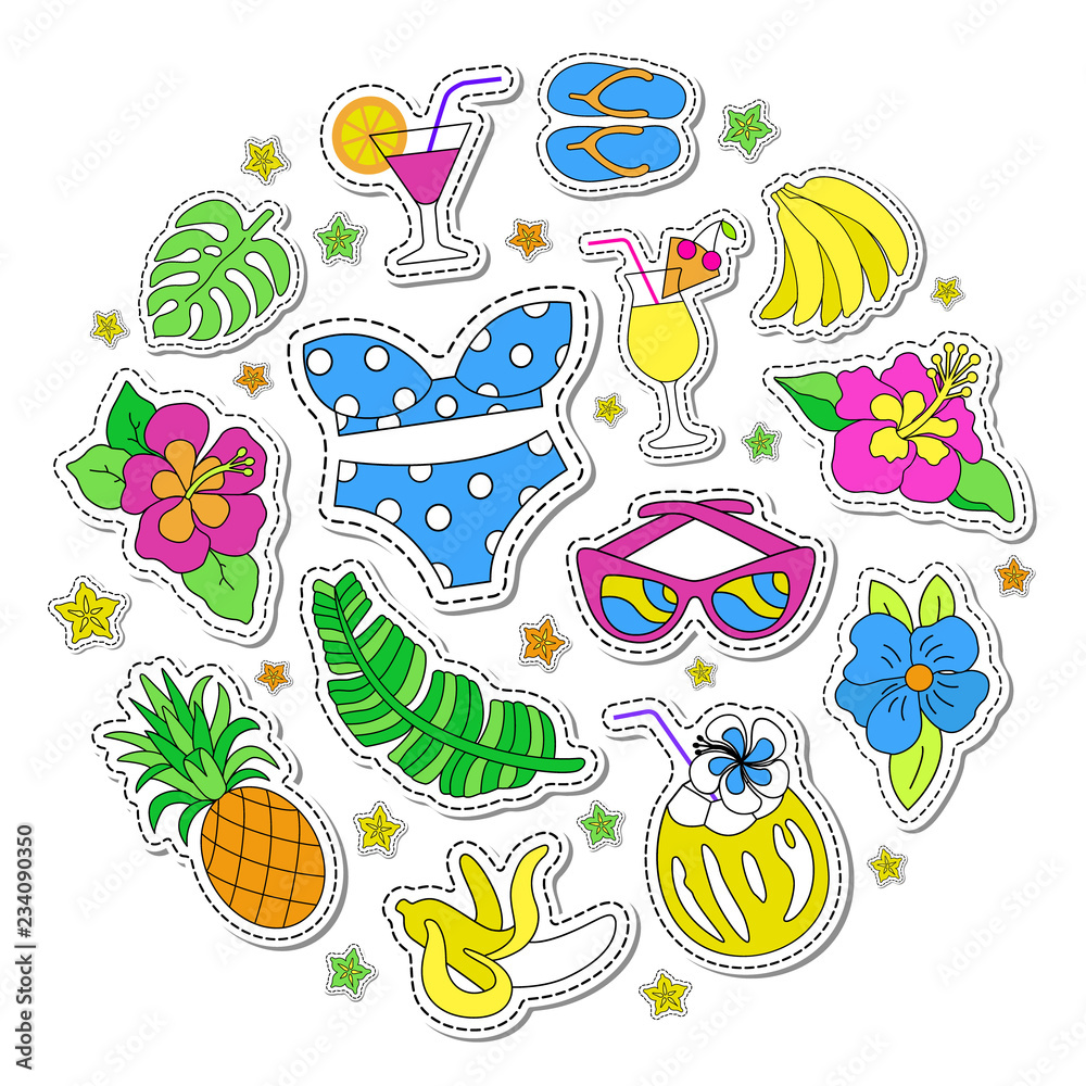 Hawaiian retro patch set. Fashionable pins 80s-90s style. Colorful drawings of fruits, drinks, beach wear, exotic flowers. Round composition of tags. Circle background. EPS 10 vector illustration