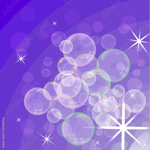 Soap foam on the background of the gradient. Realistic 3d water bubbles. Realistic bubbles of color liquid foam. Cosmetic flyer. Shampoo  bath and shower soap. Vector illustration.