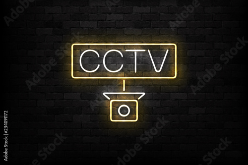 Vector realistic isolated neon sign of CCTV logo for template decoration and layout covering on the wall background. Concept of security camera and surveillance.