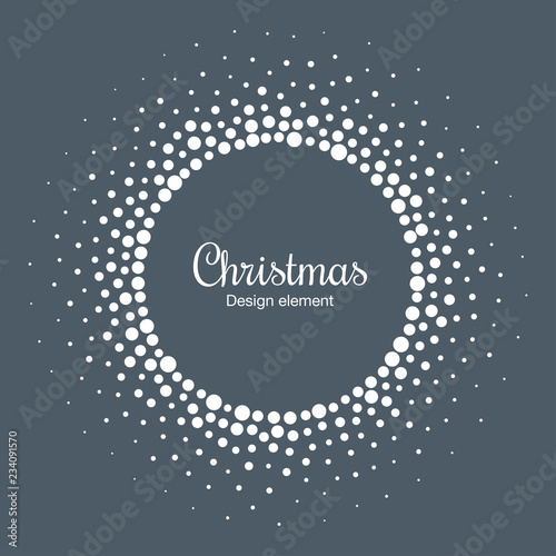 New Year 2019 Card Background. Snow flake circle frame. Halftone round snowflake dotted frame. Christmas white circular frame using halftone circle snow dots texture. Vector illustration.
