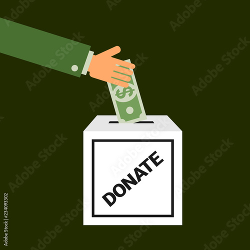 Person with caucasian hand is gifting and donating banknote of US dollar into donation box - charitable financial help. Charity and philantrophy. Vector illustration photo