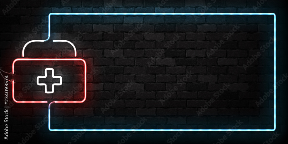 Vector realistic isolated neon sign of First Aid Kit frame logo for decoration on the wall background. Concept of healthcare and medicine. Vector realistic isolated neon sign of First Aid Kit frame logo for decoration on the wall background. Concept of healthcare and medicine.