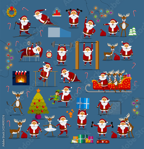 Santa clauses in different poses for Christmas decoration (for postcard, for the site, for banners, for presentations and promotions). Christmas deer in different poses. Great set.