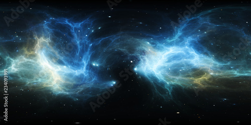 Fototapeta Naklejka Na Ścianę i Meble -  360 degree space nebula panorama, equirectangular projection, environment map. HDRI spherical panorama. Space background with nebula and stars