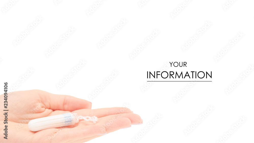 Female hand hygienic tampon menstruation pattern on white background isolation