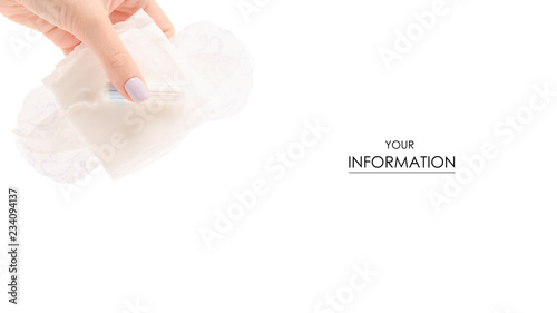 Female hand hygienic pad tampon napkin menstruation pattern on white background isolation © Kabardins photo