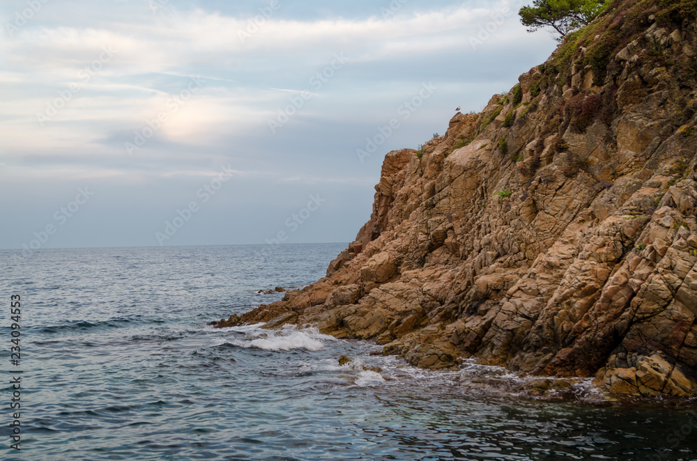 Cliffs of Cala de Sant Francesc, the coastline of the Bay of Blanes, Costa Brava, Spain, Catalonia