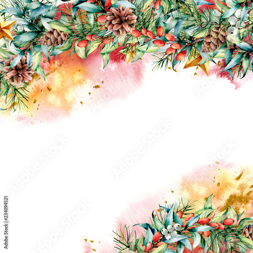 Watercolor Christmas card with floral garland and glitter. Hand painted eucalyptus and fir branches, berries and leaves, pine cones isolated on white background. Holiday card for design, print © yuliya_derbisheva