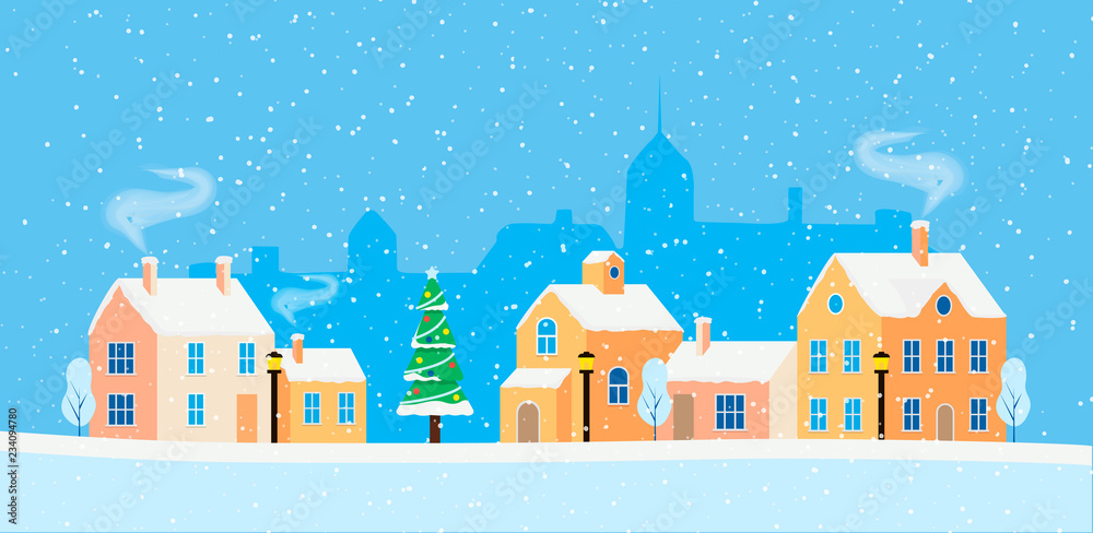 Christmas card with winter cityscape. Snowy street in small city with buildings and houses, trees. Modern concept vector illustration with urban winter landscape. 