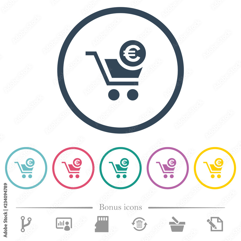 Checkout with Euro cart flat color icons in round outlines Checkout with Euro cart flat color icons in round outlines