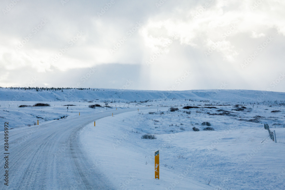 Beautiful and dangerous driving road in winter snow Iceland