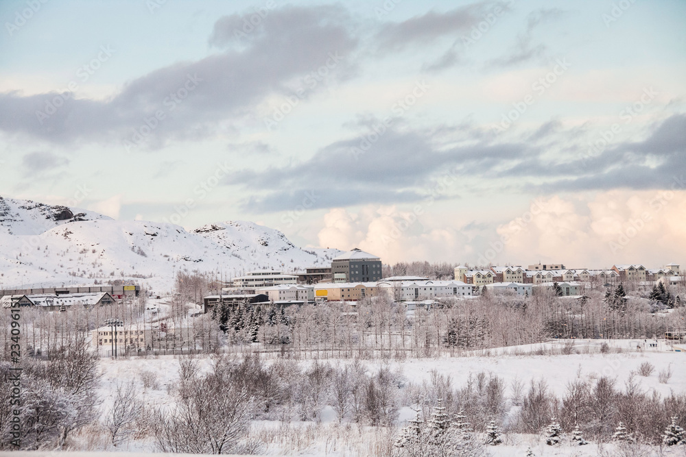 Beautiful and dangerous driving road in winter snow Iceland