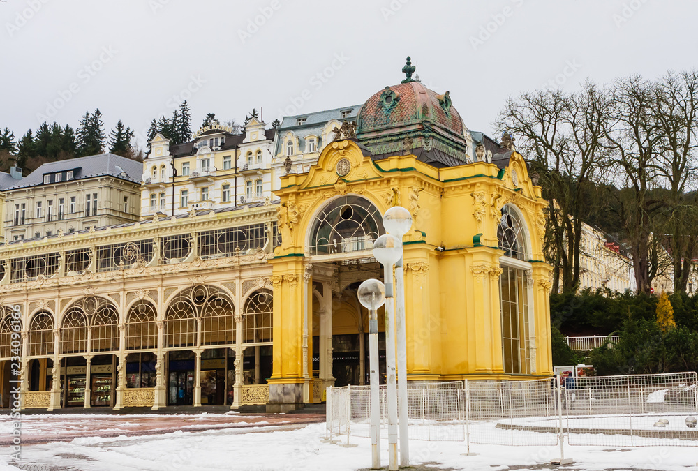 Magnificent yellow architecture of the Colonnade. Spa town Marianske Lazne (Marienbad) Czech Republic.Winter time.