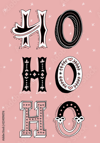 Hand drawn Ho Ho Ho christmas card in pink