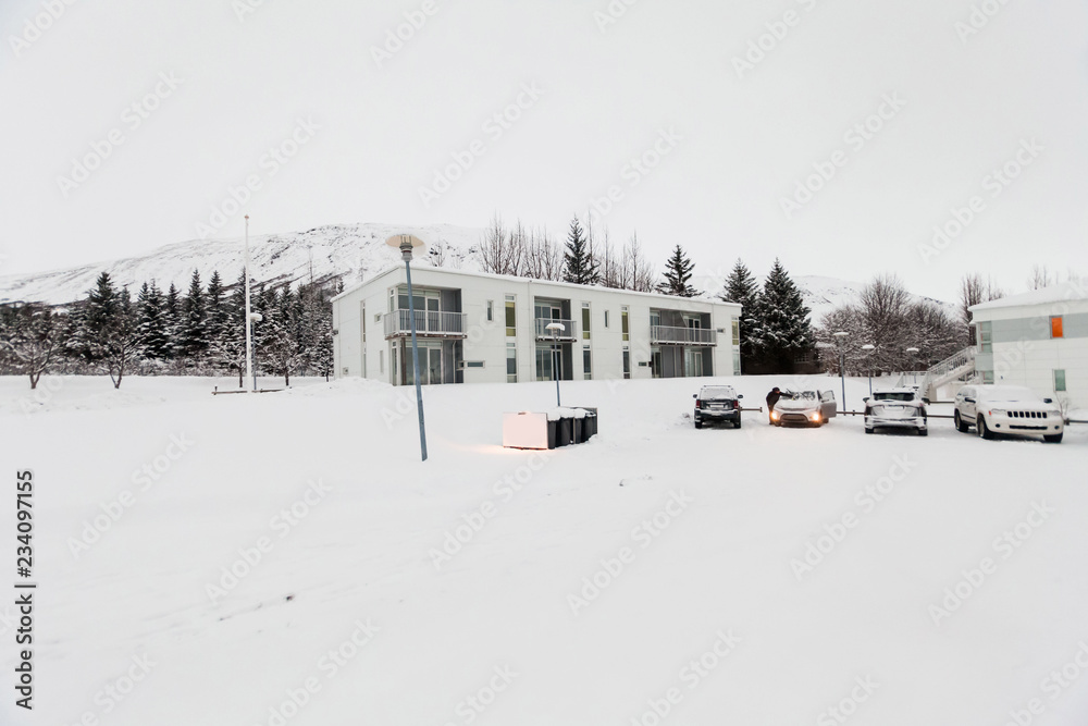 Winter snow view of Golden Circle apartment in Iceland