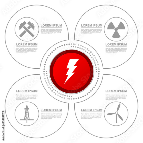 Infographic technology energy production presentation vector template with 4 options. Atomic energy, mining, wind farms, oil and gas exploitation diagram.