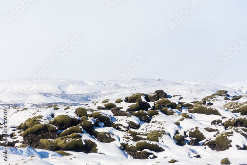 Laufskalavarda view during winter which is a lava ridge, surrounded by stone cairns, between the Holmsa and Skalma Rivers