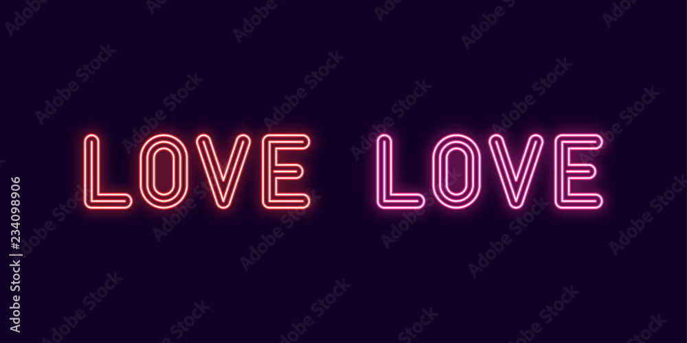 Neon inscription of Love. Vector , neon Text