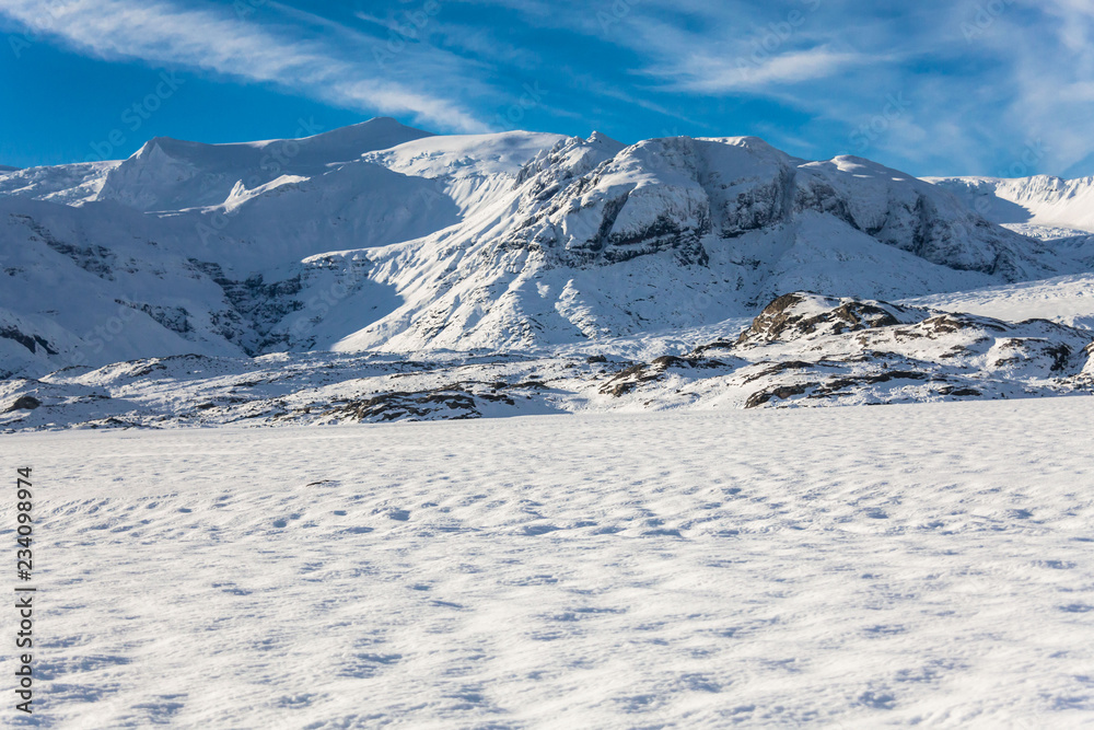 Fototapeta premium Jokulsarlon snow landscape in Hvannadalshnukur, Iceland for beautiful background