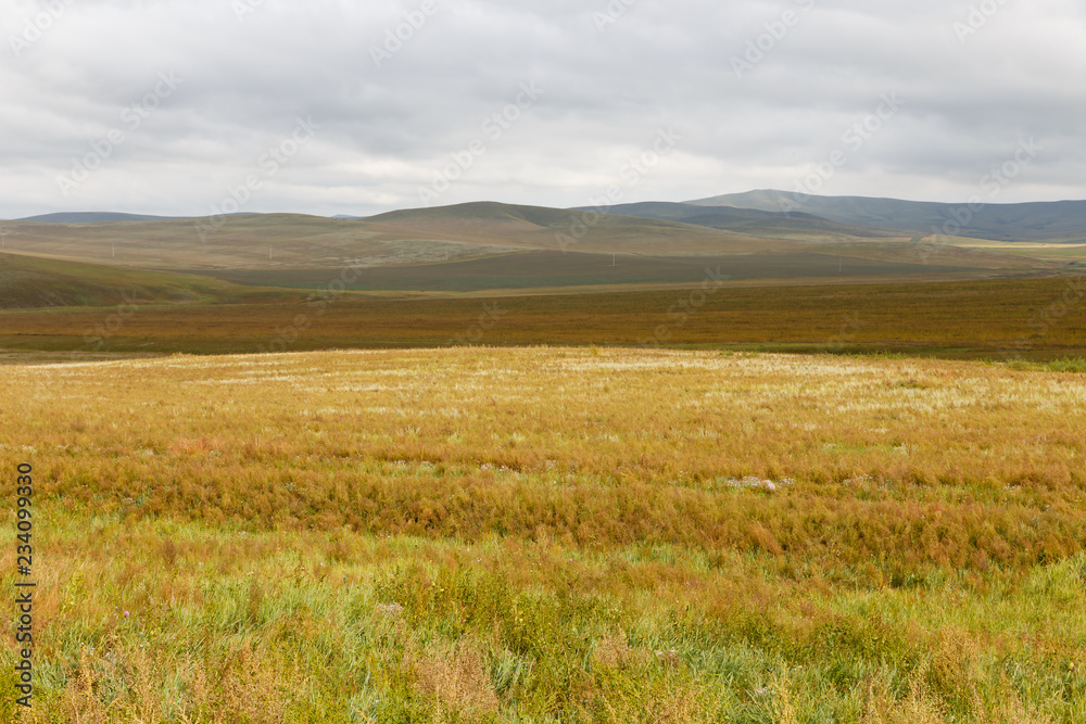 Mongolian steppe, beautiful landscape with cloudy sky