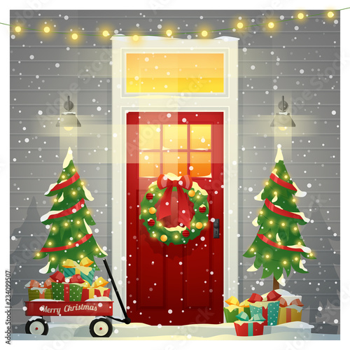 Merry Christmas and Happy New Year background with decorated Christmas front door , vector , illustration