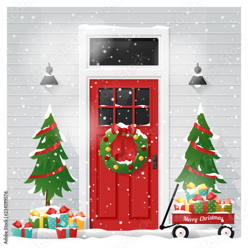 Merry Christmas and Happy New Year background with decorated Christmas front door , vector , illustration