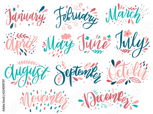 Handwritten names of months: December, January, February, March, April, May, June, July, August September October November Calligraphy words for calendars and organizers.