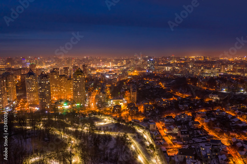 Aerial photo from flying drone of a night Kiev city. Ukraine. © beerlogoff