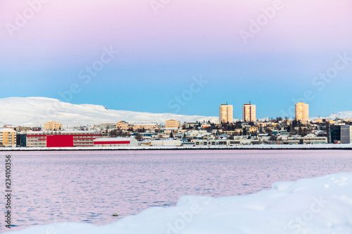 Reykjavik view during sunset on the coast of Iceland which is the country's capital and largest city. photo