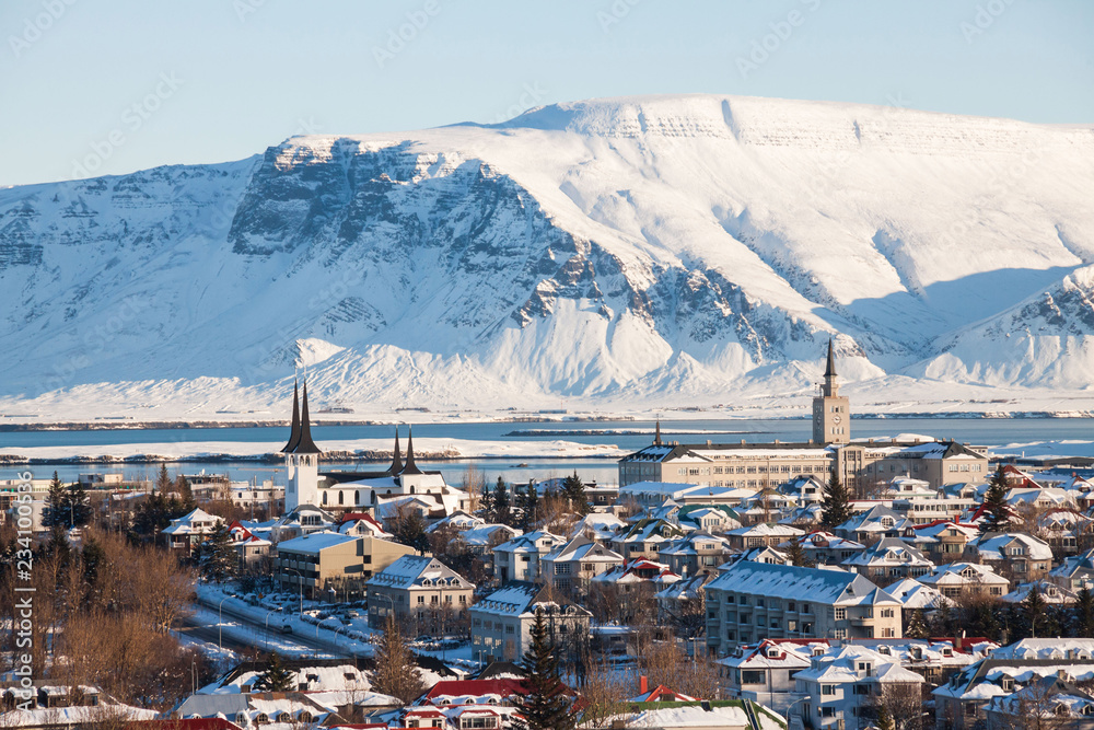 Reykjavik city view of Hallgrimskirkja from Perlan Dome, Iceland - obrazy, fototapety, plakaty 