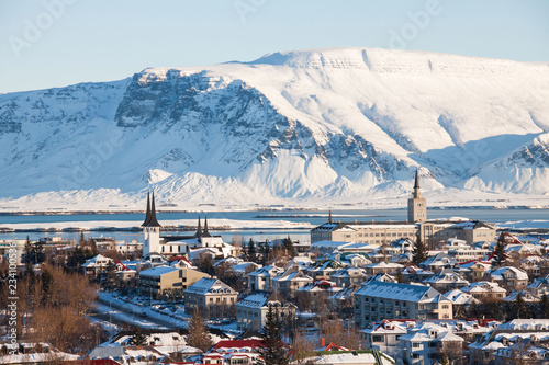 Reykjavik city view of Hallgrimskirkja from Perlan Dome, Iceland photo