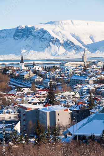 Reykjavik city view of Hallgrimskirkja from Perlan Dome, Iceland photo