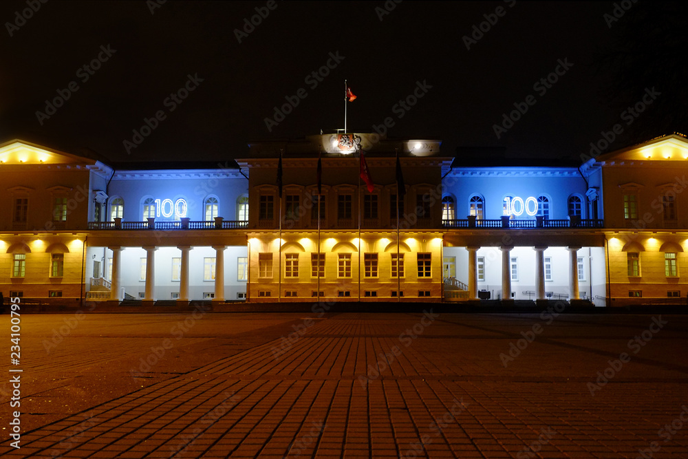 Presidential Palace of Lithuania with Centennial Celebration Lighting